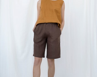 Brown Linen Shorts, Oversize Shorts, Boho Clothing, High Waist Linen Shorts, Linen Bermuda Shorts, Plus Size Clothing, Pocket Retro Shorts