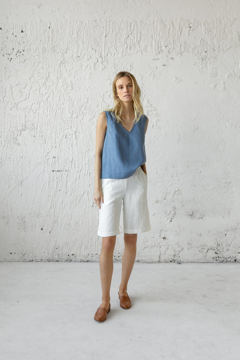 Linen Bermuda Shorts Women, Linen Clothing, Linen Shorts, Mid Waist Linen Shorts, Loose Women Shorts,Wide Leg Shorts With Pockets,Loungewear image 2