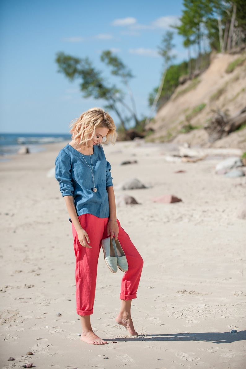 Minimalist Pants, Womens Clothing, Linen Clothing, Red Capri Pants, Linen Pants, Tapered Pants, Loose Linen Trousers, Pants With Pockets image 2