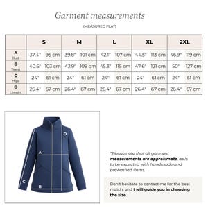 May include: Navy blue jacket with a high collar and a full-length zipper. The image includes a garment measurement chart with bust, waist, hips, and length measurements in inches and centimeters for sizes S to 2XL. The jacket's length is 26.4 inches.