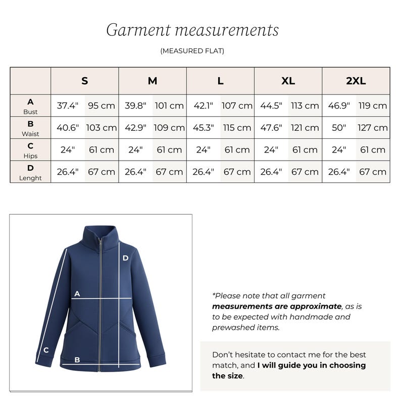May include: Navy blue jacket with a high collar and a full-length zipper. The image includes a garment measurement chart with bust, waist, hips, and length measurements in inches and centimeters for sizes S to 2XL. The jacket's length is 26.4 inches.