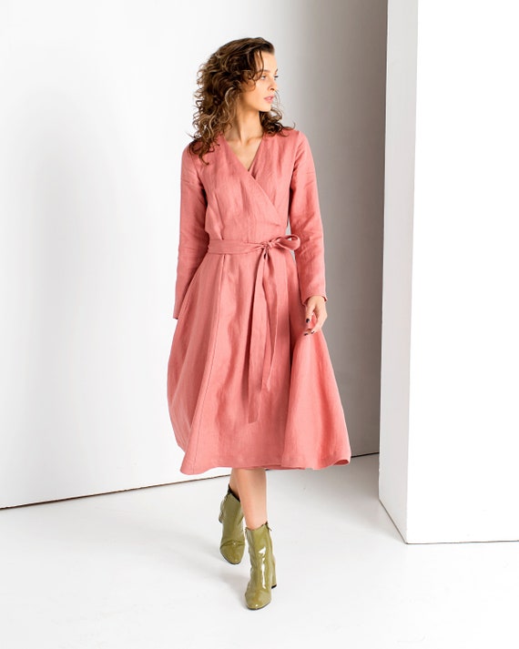 omslagjurk lange mouw romantische linnen jurk - Etsy België