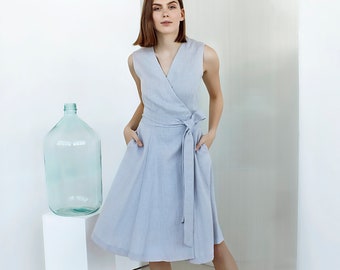 Robe portefeuille en lin, Robe d'invitée de mariage d'été, Robe de cocktail, Robe moderne des années 50, Robe évasée ajustée avec poche, Robes de printemps pour femme