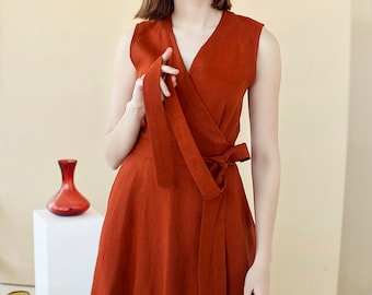 Terracotta Linen Dress, Linen Bridesmaid Dress, Wrap Dress In Linen, Cocktail Dress, Wedding Guest Dress, Plus Size Dress, Linen Flare