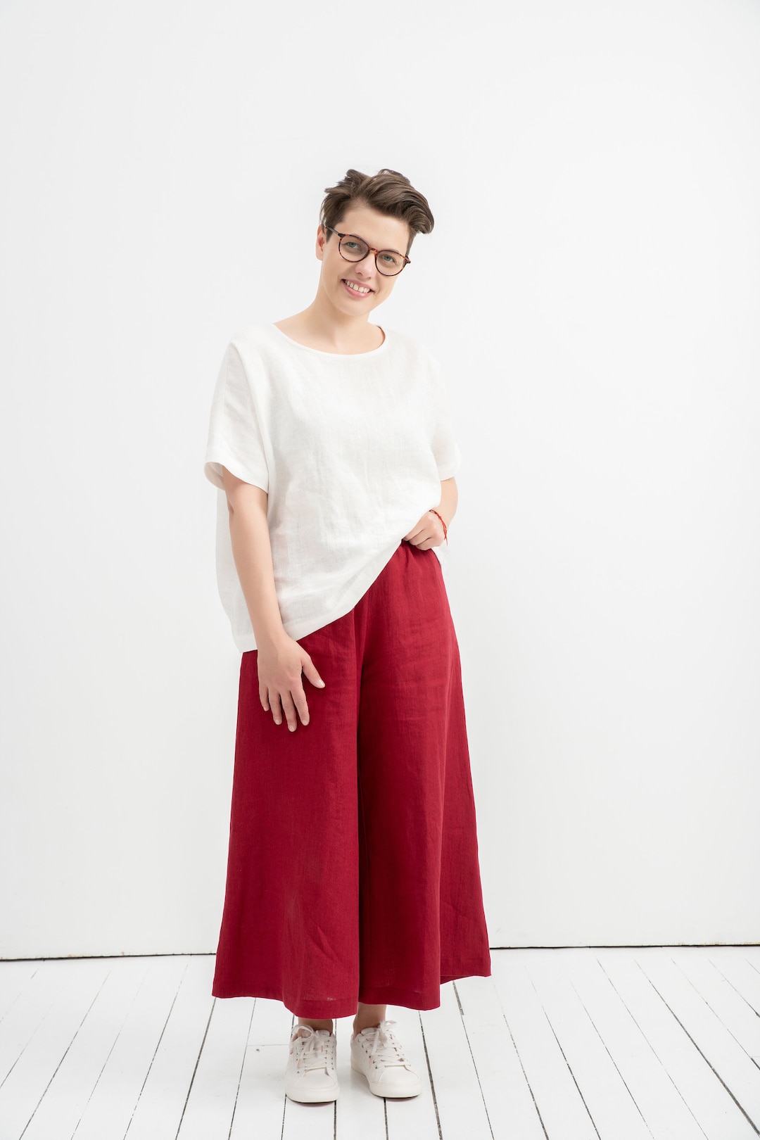 Wide Leg Pants, Linen Palazzo Pants, Red Linen Culottes, Campus — free download