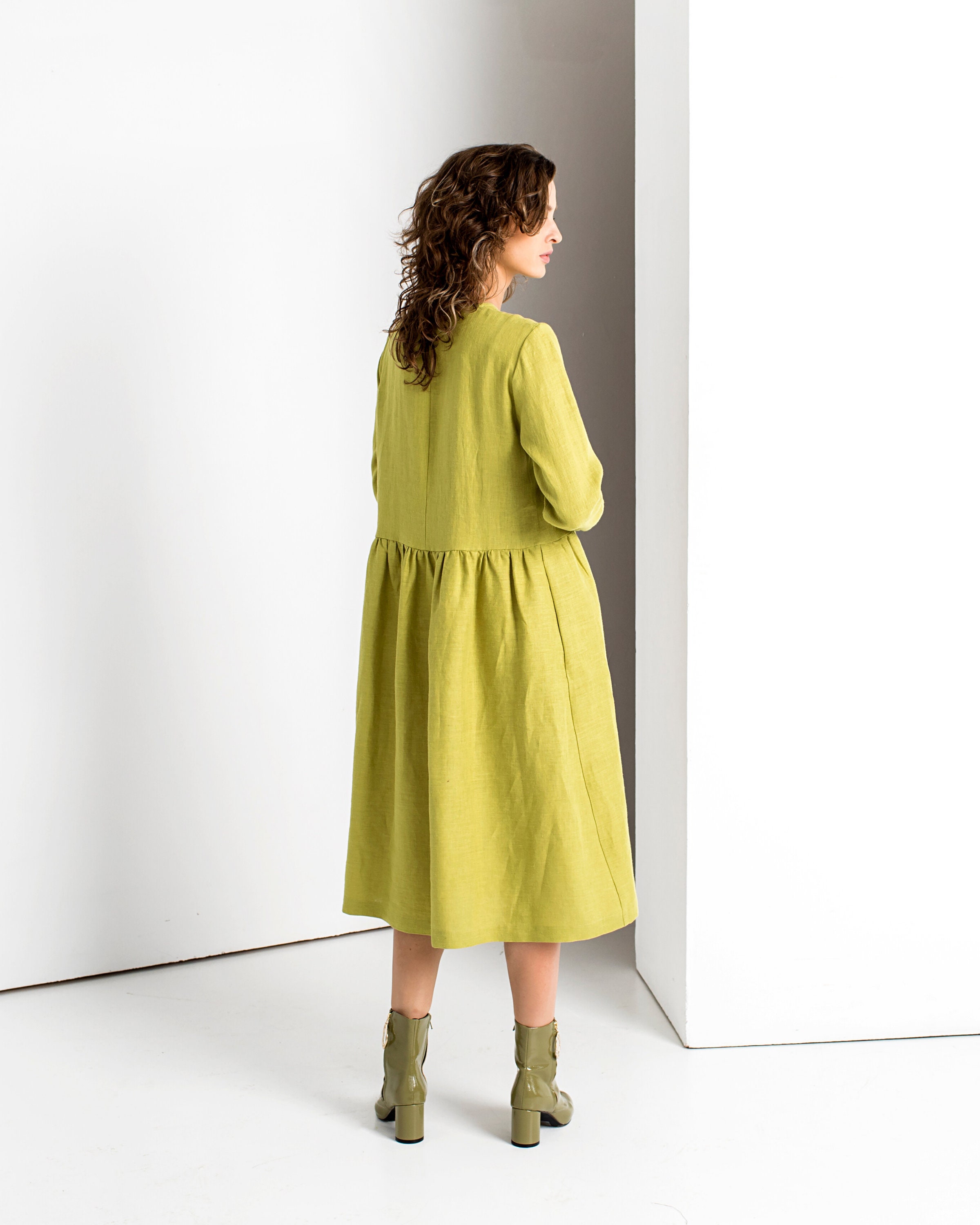 READY TO SHIP Chartreuse Shirt Dress Linen Dress Long Sleeve | Etsy