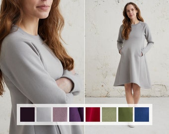 May include: A gray sweatshirt dress with long sleeves and a round neckline. The dress has pockets on the sides and a slightly flared skirt.
