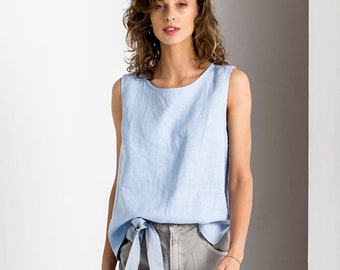 Summer Style Linen Top - Sky Blue Top Linen Womens Clothing - Sleeveless Linen Tank Top For Beach - Loose Top For Women - Oversize Blouse
