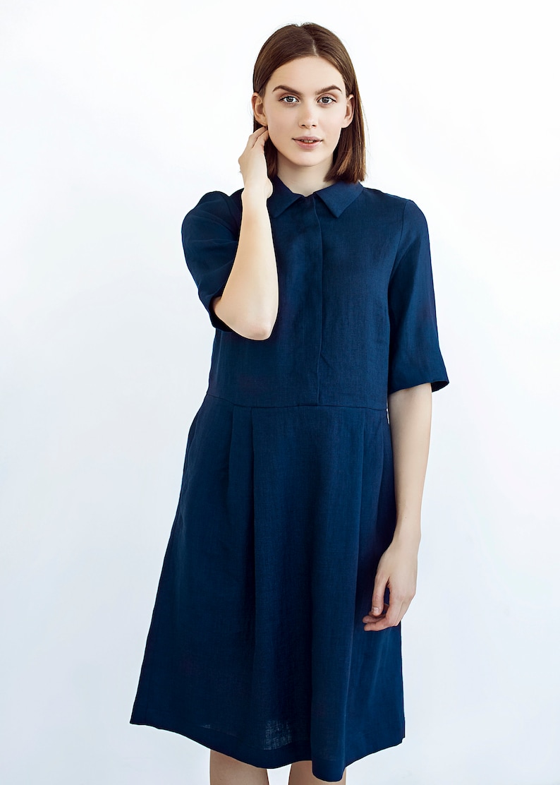 Linen Shirt Dress with Pockets Office Dress Collar Linen Etsy