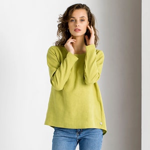 Chartreuse Linen Top, Linen Tunic, Linen Clothing, Minimalist Clothing, Green Tunic Top, Linen Blouse, Long Sleeve Top, Elegant Tunic Top image 1