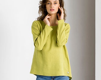 Chartreuse Linen Top, Linen Tunic, Linen Clothing, Minimalist Clothing, Green Tunic Top, Linen Blouse, Long Sleeve Top, Elegant Tunic Top