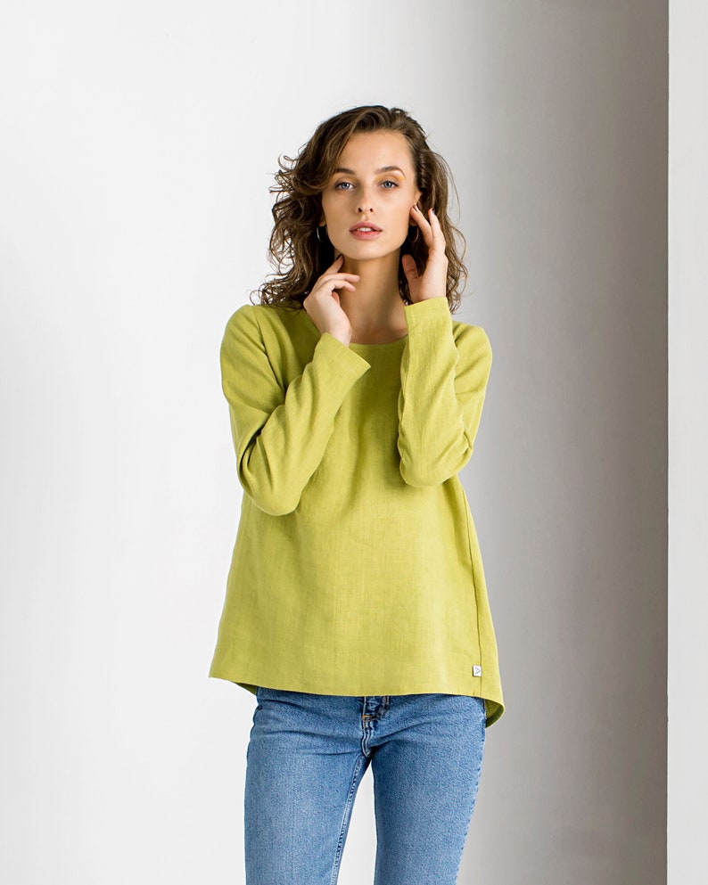 Chartreuse Linen Top, Linen Tunic, Linen Clothing, Minimalist Clothing, Green Tunic Top, Linen Blouse, Long Sleeve Top, Elegant Tunic Top image 1