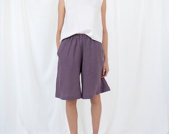 Linen Shorts, Bermuda Shorts, Plus Size Shorts, Linen Purple Culottes, Maternity Shorts, Linen Clothing, High Waist Short, Boho Pants