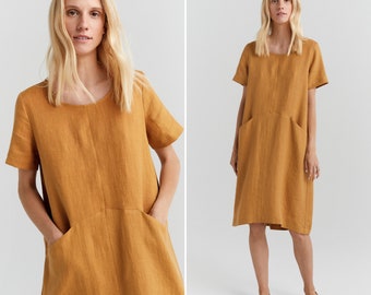 Mid Century Modern Linen Dress With Pockets, Mustard Midi Dress, Loose Oversized Dress, Linen Womens Clothing, Cottagecore Dress, Maternity