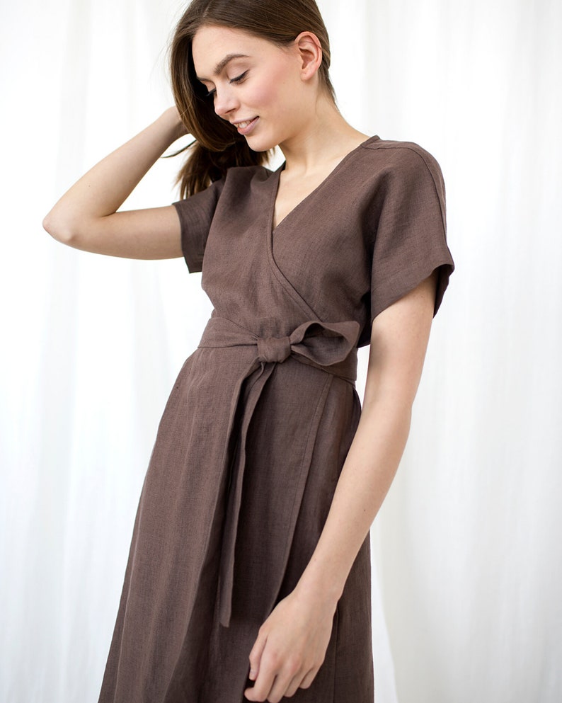 Pocket Natural Clothing Linen Chocolate Dress Linen Kimono Dress Baltic Linen Dress Plus Size Linen Wrap Dress Loungewear Dress