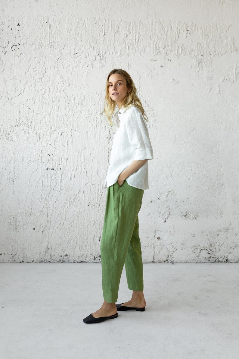 Linen Pleated Pants, Green Summer Pants, Mid Century Modern, Plus Size Clothing, Tapered Linen Pants, Linen Clothing, Bananas Pants, Boho image 1