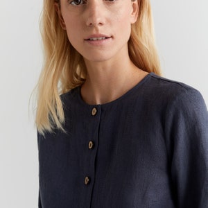 Linen Shirt Jacket, Collarless Button Down Shirt with Sleeves, Summer Style, Womens Clothing, Casual Work Blouse For Women, Summer Clothing