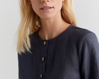 Linen Shirt Jacket, Linen Blouse, Summer Style, Womens Clothing, Work Shirt, Collarless Shirt, Button Jacket, Summer Clothing, Lightweight