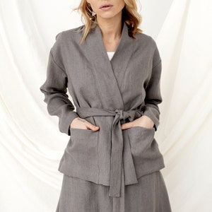 Chaqueta cruzada de lino, cárdigan de lino, chaqueta kimono de lino, estilo primaveral, ropa de lino, cárdigan con cinturón, abrigos y chaquetas.