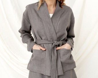 Linen Wrap Jacket, Linen Cardigan, Linen Kimono Jacket, 90s Blazer, Linen Clothing, Belt Cardigan, Mid Century Modern, Coat With Pockets