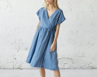 Linen Wrap Dress, Swing Dress, Womens Dress For Wedding Guest, Linen Work Dress, Petite Dress, Bridesmaid Dress, V Neck Dress, Minimalist