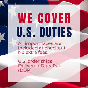 Glowinslow banner: We cover US duties, import taxes included at checkout, US orders ship Delivered Duty Paid, on a US flag background