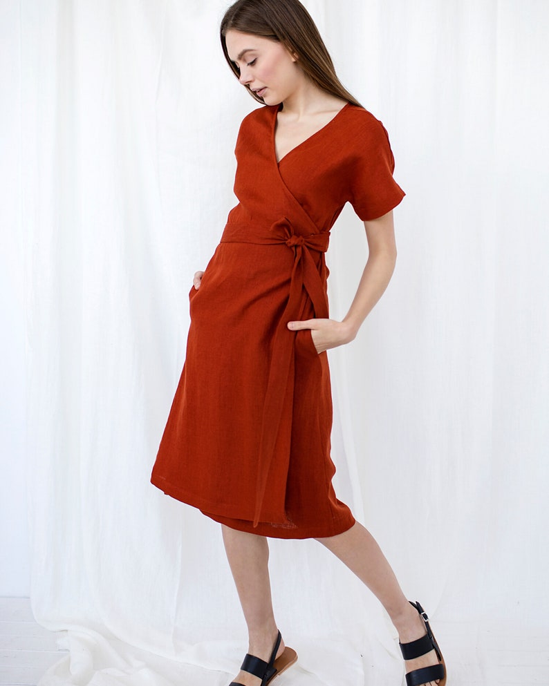 Linen Wrap Dress, Burgundy Red Linen Dress, Mid Century Modern, Short Sleeve Kimono Dress, Plus Size Clothing, Bridesmaid Dress, Pocket image 2