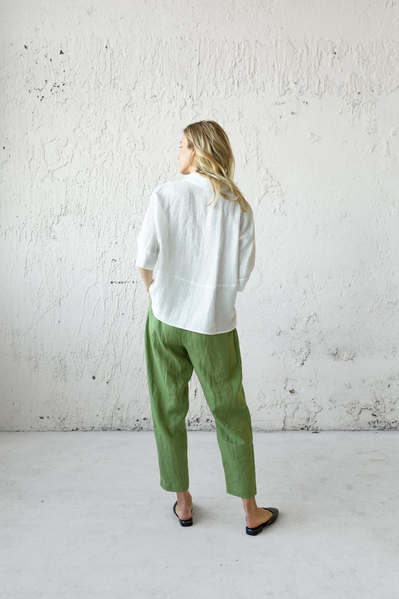 Linen Pleated Pants, Green Summer Pants, Mid Century Modern, Plus Size Clothing, Tapered Linen Pants, Linen Clothing, Bananas Pants, Boho image 10