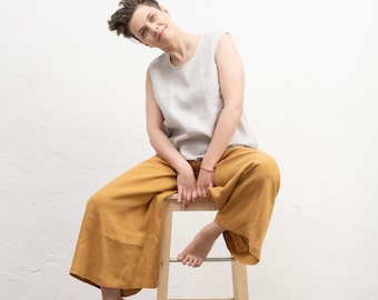 Pantalon culottes larges jambes en lin moutarde pour femmes dans un style rétro des années 70