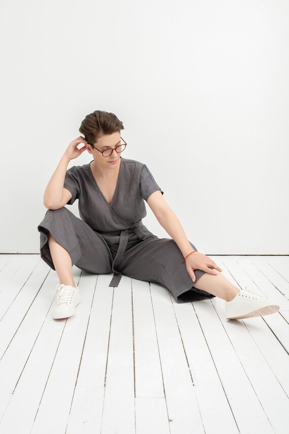 Linen Wrap Jumpsuit Grey Jumpsuit Linen Loungewear Casual Jumpsuit Linen Overall Plus Size Clothing Boho Jumpsuit Wide Leg Wear Etsy Canada