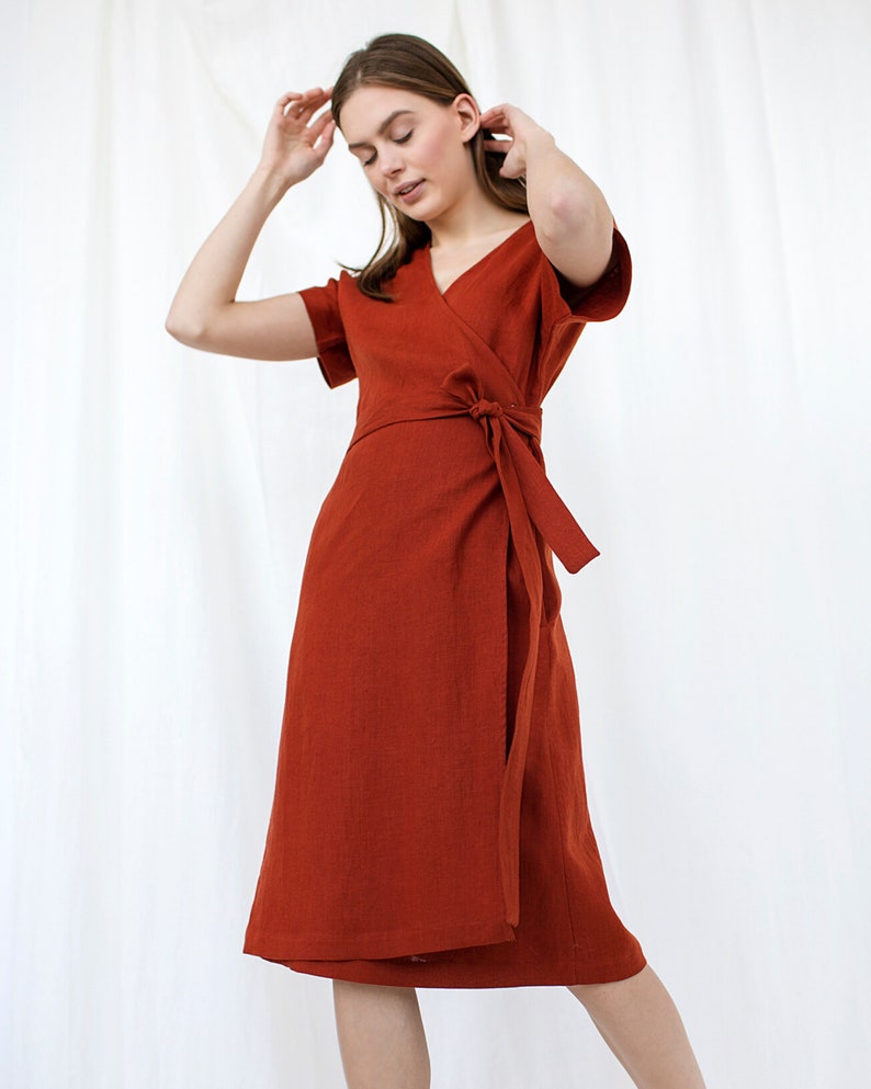 Linen Wrap Dress, Burgundy Red Linen Dress, Mid Century Modern, Short Sleeve Kimono Dress, Plus Size Clothing, Bridesmaid Dress, Pocket image 4