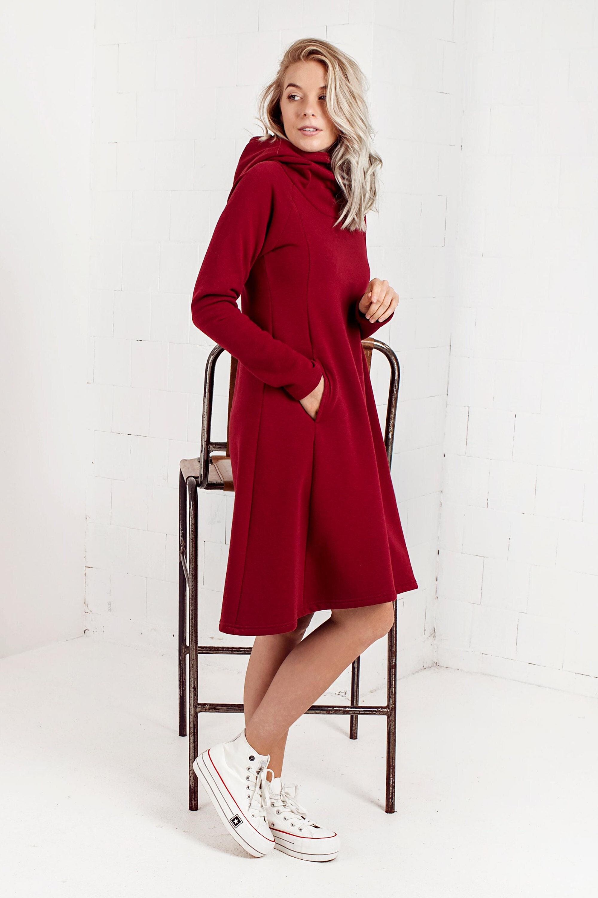 red hooded sweatshirt dress