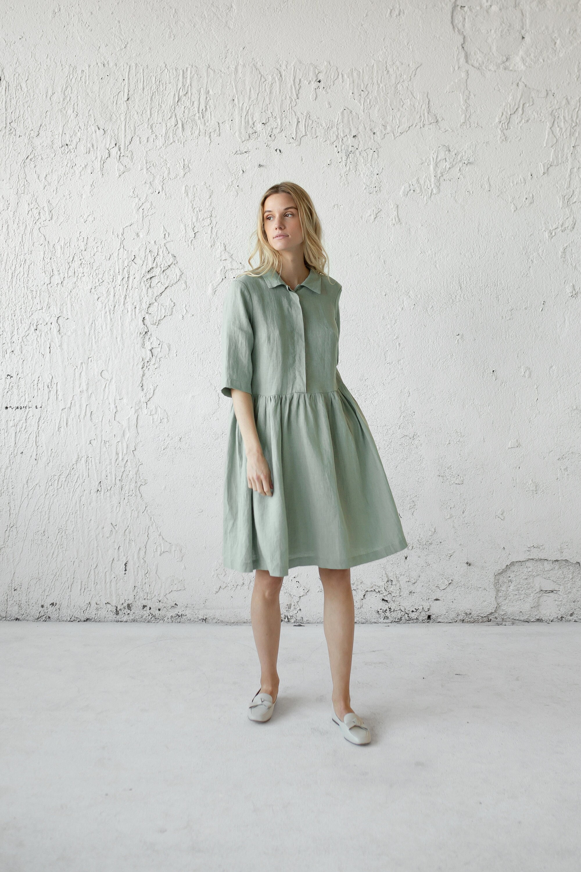 Collar Linen Button Down Shirt Midi Dress with Pockets Ideal for Office or Evening Outfit Available in Different Sizes