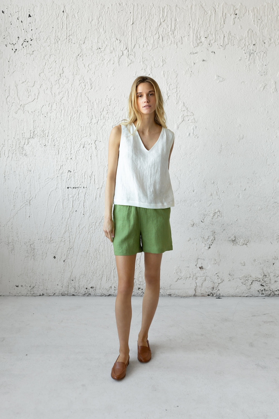 not PERFECT LINEN | LINEN TANK TOP (moss green) | タンクトップ | レディース UK8/S not PERFECT LINEN | Washed linen cropped front top LEAF in