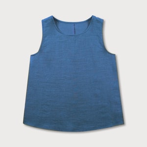 Blue linen tank top with round neckline and curved hem, flat product photo on a white background