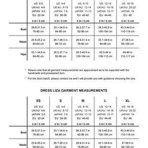 May include: Size chart for a dress called "Liza" with measurements in inches and centimeters for bust, waist, hips, and product length from shoulder. Sizes include XS, S, M, L, and XL.