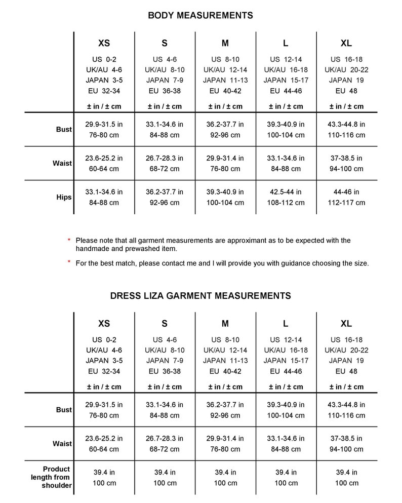 May include: Size chart for a dress called "Liza" with measurements in inches and centimeters for bust, waist, hips, and product length from shoulder. Sizes include XS, S, M, L, and XL.