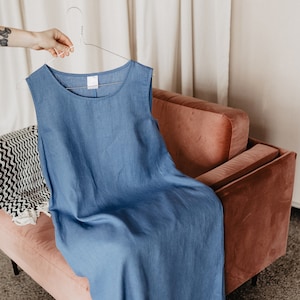Linen Tank Dress, Blue Linen Dress, Wedding Guest Dress, Minimalist Dress, Plus Size Clothing, Modest Dress, Cocktail Dress, Formal Dress