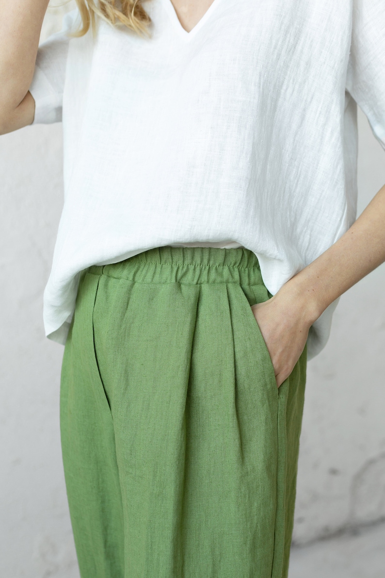 Linen Pleated Pants, Green Summer Pants, Mid Century Modern, Plus Size Clothing, Tapered Linen Pants, Linen Clothing, Bananas Pants, Boho image 3