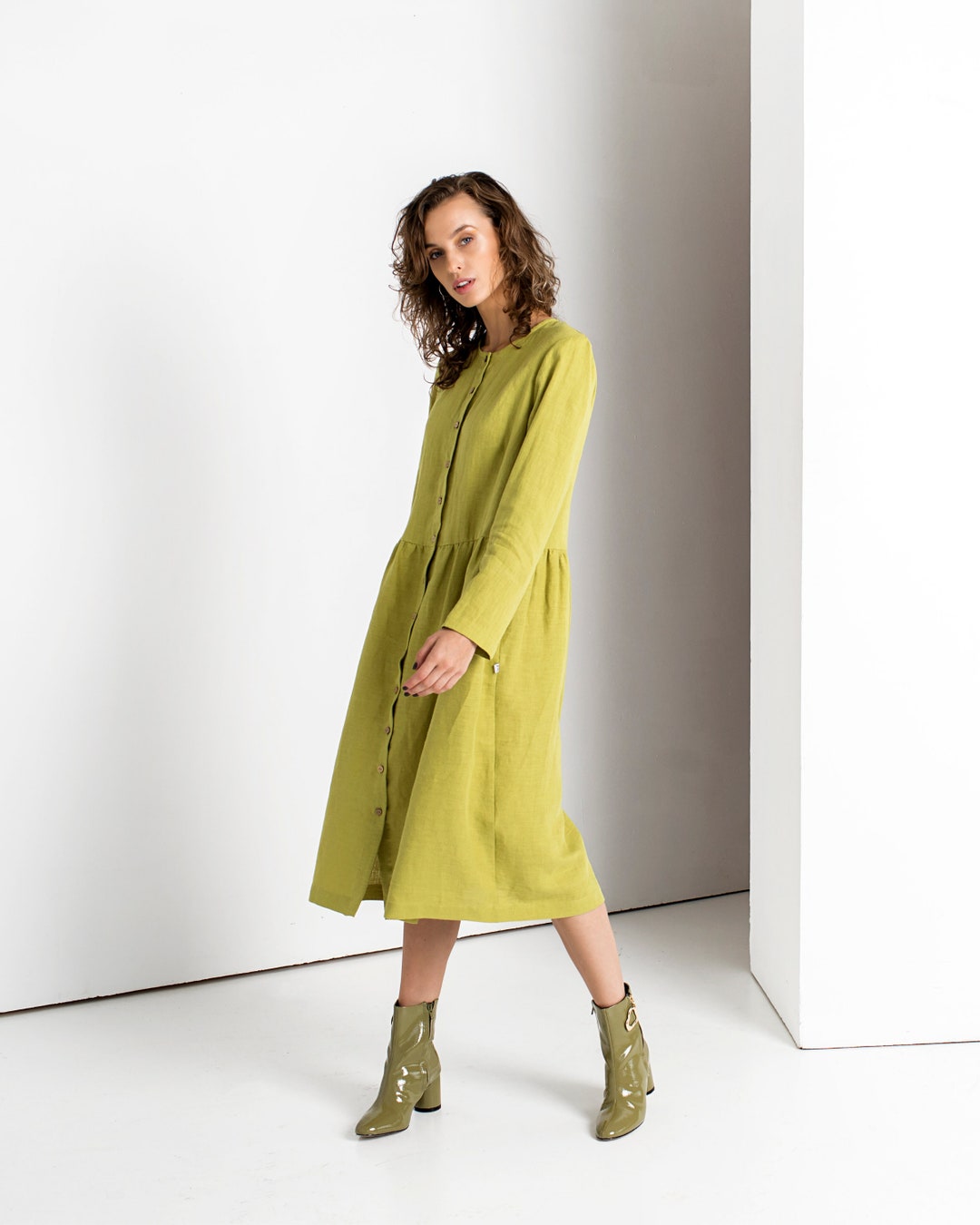 Chartreuse Linen Dress, Button Down Dress, Long Sleeve Dress, Evening Dress, Wedding Guest Dress