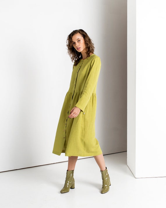 Meetbaar Uitbreiding metgezel Chartreuse linnen jurk button down jurk lange mouw jurk - Etsy België