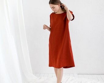 Robe en lin rouge, Robe ample en lin, Vêtements en lin, Robe grande taille, Robe trapèze, Robe oversize en lin, Robe droite, Robe d'été en lin