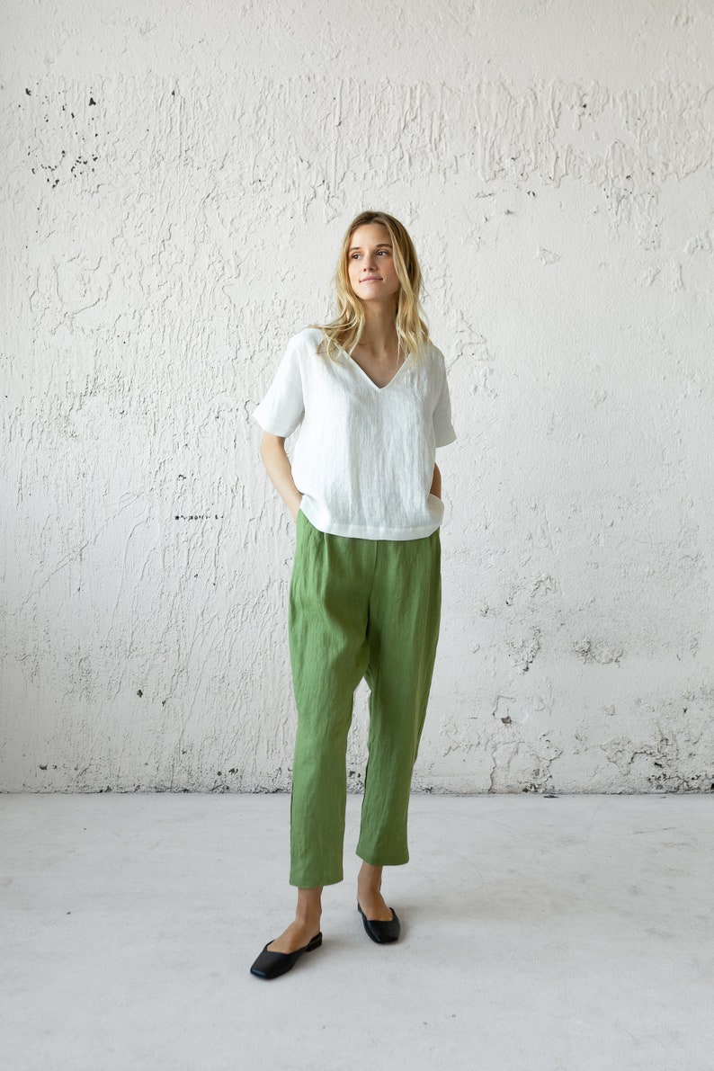 Linen Pleated Pants, Green Summer Pants, Mid Century Modern, Plus Size Clothing, Tapered Linen Pants, Linen Clothing, Bananas Pants, Boho image 9