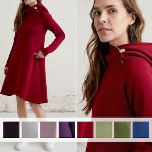 Red Dress For Women, Cotton Dress, Sweater Dress, Hoodie Dress, Handmade Sweater, Warm Tunic Dress, Plus Size Clothing, Minimalist Dress