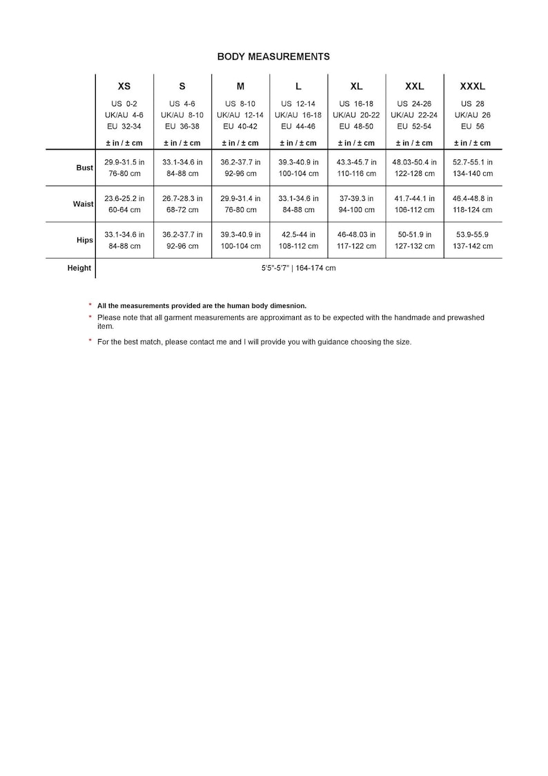 Glowinslow size chart with body measurements for linen clothing, bust, waist and hips in cm and inches, sizes XS to XXXL