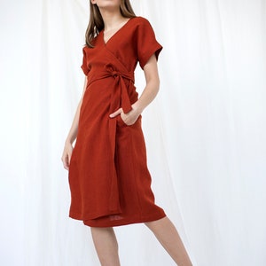 Linen Wrap Dress, Burgundy Red Linen Dress, Mid Century Modern, Short Sleeve Kimono Dress, Plus Size Clothing, Bridesmaid Dress, Pocket image 3