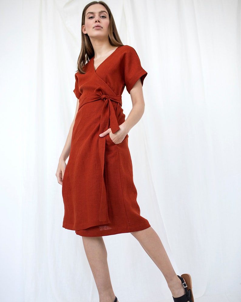 Linen Wrap Dress, Burgundy Red Linen Dress, Mid Century Modern, Short Sleeve Kimono Dress, Plus Size Clothing, Bridesmaid Dress, Pocket image 3