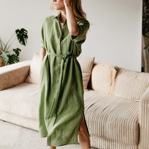 Linen Midi Dress, Shirt Dress With Belt, Mid Century Modern Dress With Pockets, Minimalist Shirtdress, Womens Clothing, Linen Clothing
