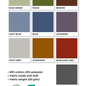 May include: A color palette featuring 10 solid color swatches, including Sage Green, Khaki, Brown, Light Blue, Blue, Lavender, Light Grey, Cinnamon, Burgundy Red, and Dark Grey. Text indicates fabric composition and weight.
