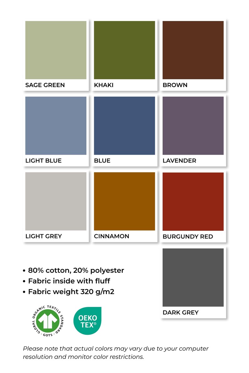 May include: A color palette featuring 10 solid color swatches, including Sage Green, Khaki, Brown, Light Blue, Blue, Lavender, Light Grey, Cinnamon, Burgundy Red, and Dark Grey. Text indicates fabric composition and weight.